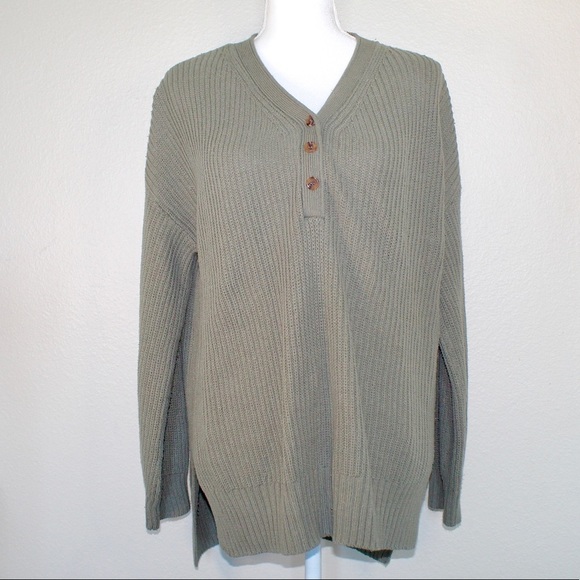 SO Woman's Green Knitted Oversized Long Sleeve Half Button Up Top - Size Large - Picture 1 of 8
